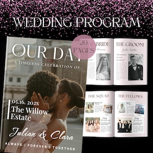 Op de afbeelding: Een trouwprogramma met de tekst "WEDDING PROGRAM" bovenaan. De omslag toont een kussend stel met de tekst "OUR DAY" en "Julian & Clara". Binnenin staan foto's van de bruid, bruidegom, bruiloftsgasten en de tekst "20 PAGES".