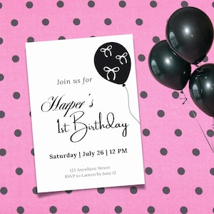 Coquette Black Balloon 1st Birthday Invitation: Editable Canva Template (Instant Download)