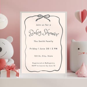 Minimaler Bogen Rahmen Babypartyeinladung Canva Vorlage, moderne Babyparty druckbare einladen, Band Babyparty, Baby Girl Party