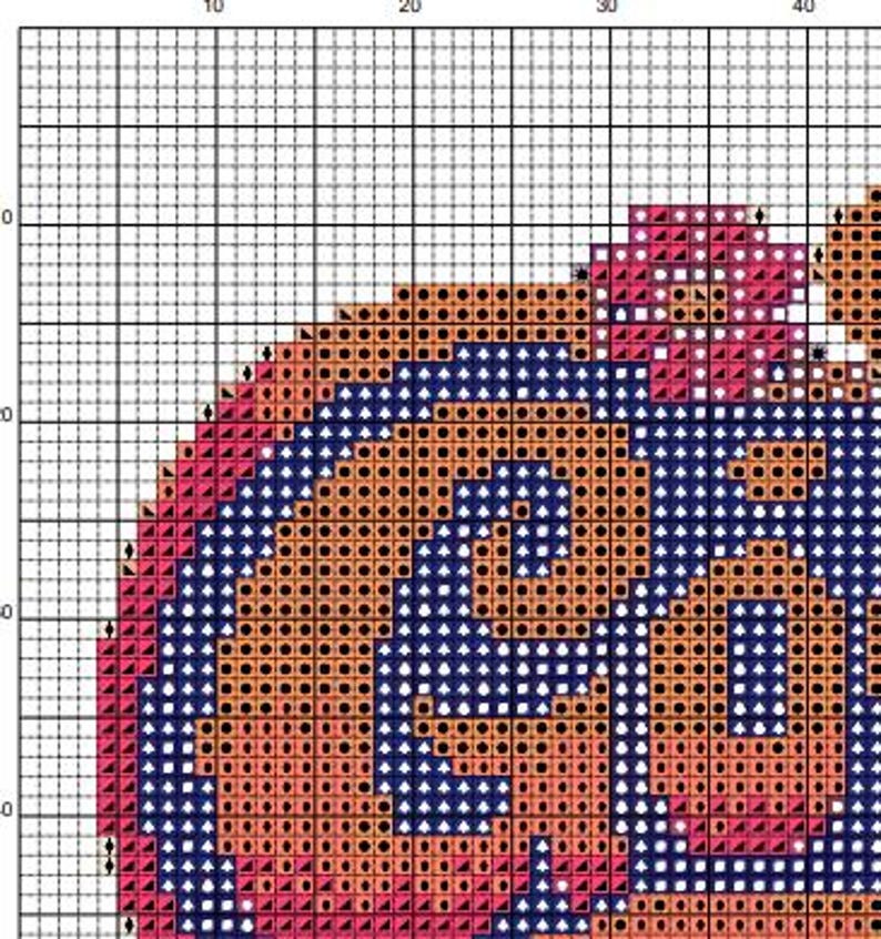 Puede incluir: Un patr&oacute;n de punto de cruz con un dise&ntilde;o estilizado en tonos naranja, rosa y azul marino. El patr&oacute;n incluye un motivo central en espiral y un borde, adecuado para proyectos de bordado. El dise&ntilde;o se muestra en una cuadr&iacute;cula.