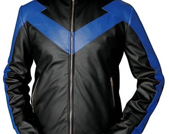 Men’s Blue & Black Genuine Leather Jacket | Handmade Superhero Style Cosplay Costume | Biker Fashion Outerwear