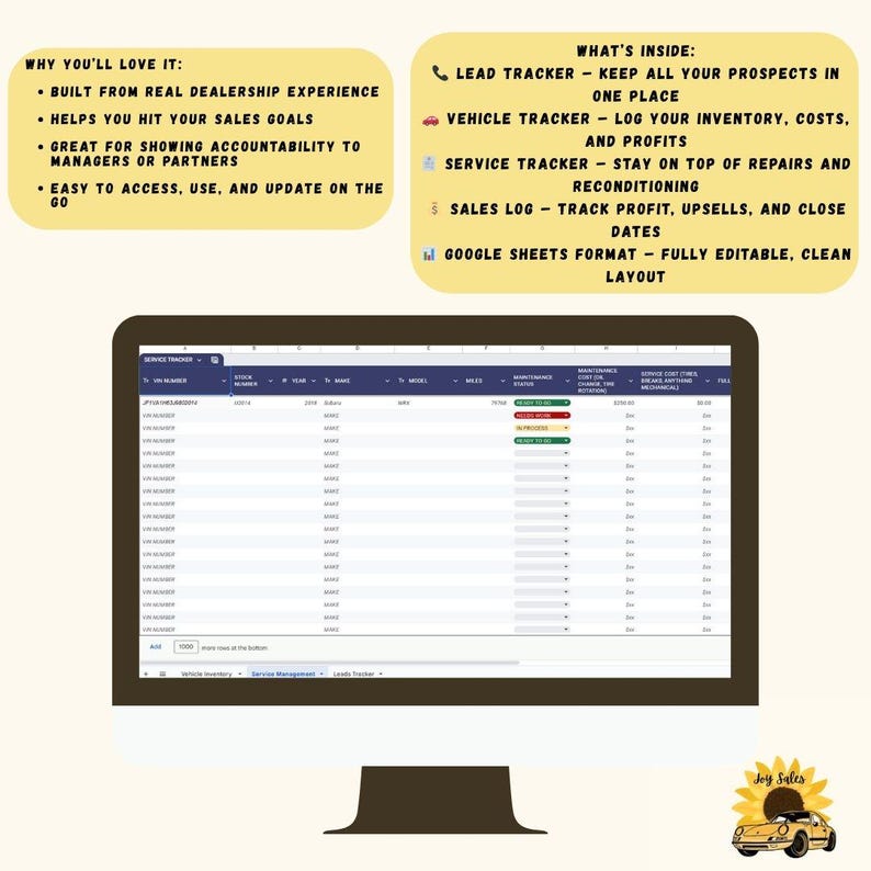 Car Sales Inventory Google Sheets Template | Car Flippers, Salespeople ...