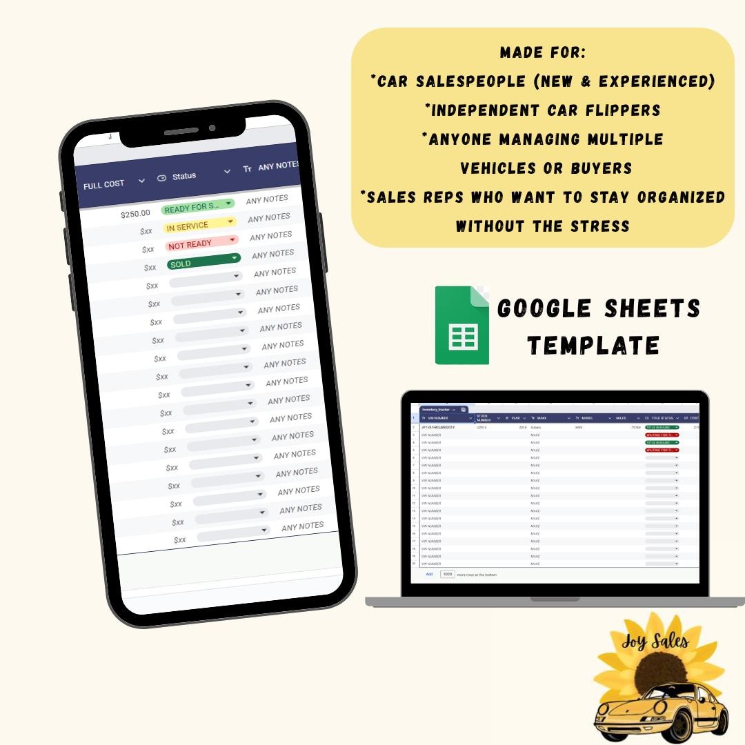 Car Inventory Worksheet Car Sales Inventory Google Sheets Template | Car Flippers, Salespeople ...