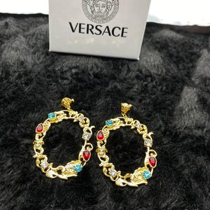 Versace Gold Monogram Multicolor Stone Hoop Earrings