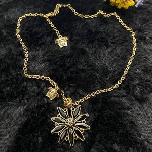 Versace Gold Curb Chain Black Stone Flower Pendant Necklace