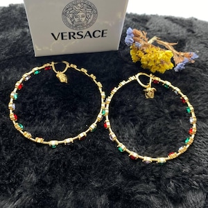 Versace Gold Medusa Drop Hoop Earrings