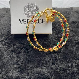 Versace Gold Monogram Multicolor Stone Hoop Earrings