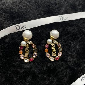 Dior Gold Monogram Multicolor Stone Hoop Earrings
