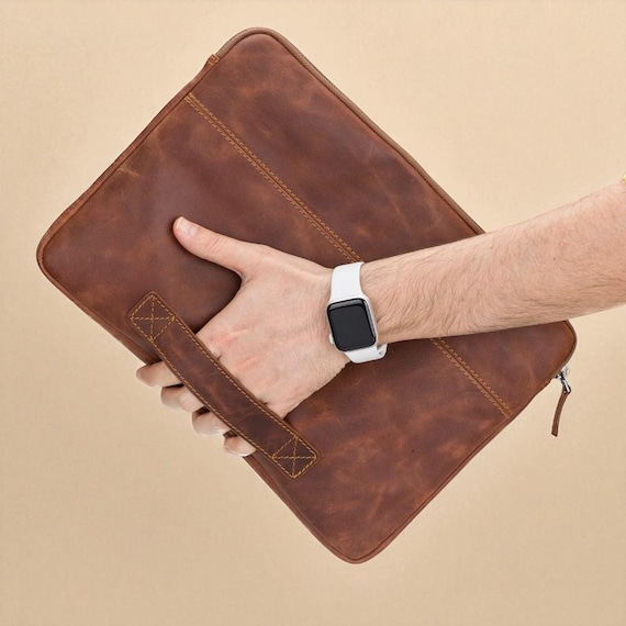 Personalized Leather Laptop Bag: Slim Monogram Briefcase, Work Tote