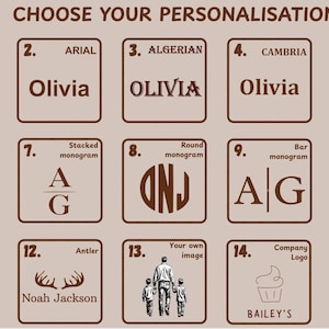 May include: A selection of personalization options displayed on brown square tiles. The text "CHOOSE YOUR PERSONALISATION" is at the top. Options include names, monograms, images, and company logos. Each tile features a different font or design, offering a variety of customization choices.
