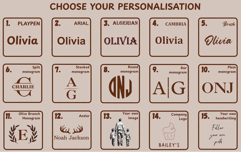 May include: A selection of personalization options displayed on brown square tiles. The text "CHOOSE YOUR PERSONALISATION" is at the top. Options include names, monograms, images, and company logos. Each tile features a different font or design, offering a variety of customization choices.