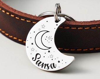 Custom Moon Pet Tag - Dog ID Tag with Star Engraving, Personalized Name Tag for Cats/Dogs, Pet ID Tag for Collar (25mm-35mm, 6 Hues)