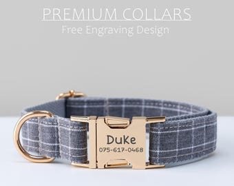 Personalized Plaid Dog Collar and Leash Set, Scottish Tartan Collar with Bow, Metal Buckle, Engraved Name Tag, Gift for Puppy or Male Dog