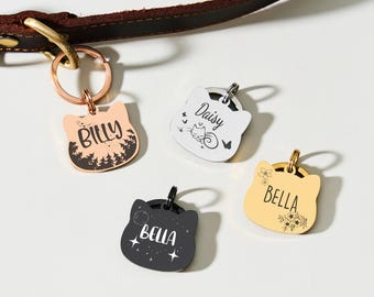 Gepersonaliseerde kattenkoptag - schattig kattennaamplaatje met dubbelzijdige gravure, 6 kleuren waterdicht kattenidentificatielabel, compatibele kraagbedel voor kleine hond