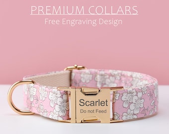 Pink Floral Dog Collar with Custom Name Tag, Personalized Pet Collar Bow Tie and Leash Set, Custom Handmade Adjustable Collar Gift
