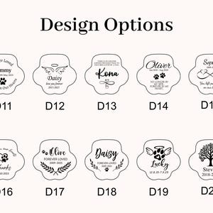 May include: A selection of paw-shaped memorial designs with various names, dates, and phrases. The designs include angel wings, paw prints, and tree illustrations. The text "Design Options" is at the top.