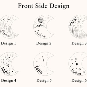 May include: A collection of six crescent moon-shaped designs. Each design features unique illustrations and text, including names like "Luna," "Tucker," "Ruger," "Nala," "Tony," and "Button." The designs incorporate stars, botanical elements, and celestial motifs.