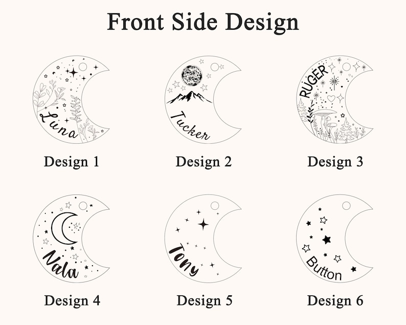 May include: A collection of six crescent moon-shaped designs. Each design features unique illustrations and text, including names like "Luna," "Tucker," "Ruger," "Nala," "Tony," and "Button." The designs incorporate stars, botanical elements, and celestial motifs.