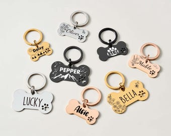 Personalized Dog Tag, Custom Bone Dog ID Tag, Puppy Name Tag, Double-sided Engraved Stainless Steel Pet ID Tag with Free Gift Bag, 6 Colors