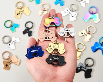 Engraved Bow Dog Tag Personalized for Dogs or Cats, Stainless Steel Pet ID Tag, Custom Pet Name Tag, Available in Multiple Colors