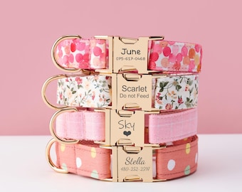 Floral Personalized Dog Collar Bowtie, Leash Set, Custom Engraved Pet Name Metal Buckle, Multi Color or Pink Puppy Gift, Adjustable Collar