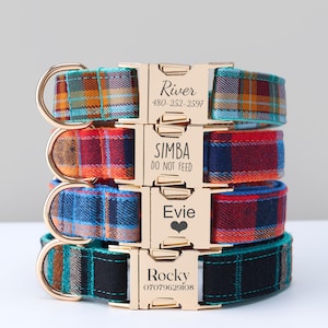 Personalized Scottish Tartan Plaid Dog Collar and Leash Set with Bow Tie, Custom Engraved Name Plate, Adjustable Puppy Collar, Pet Gift