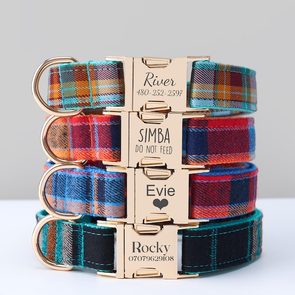 Personalized Scottish Tartan Plaid Dog Collar and Leash Set with Bow Tie, Custom Engraved Name Plate, Adjustable Puppy Collar, Pet Gift
