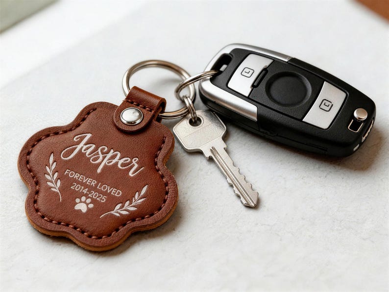 May include: A brown leather paw-shaped keychain with the name "Jasper" and the text "FOREVER LOVED 2014-2025" in white script. The keychain is attached to a silver key ring, a car key fob, and a metal key.