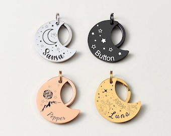 Custom Pet ID Tag - Moon Pet Collar Tag for Dog & Cat, Personalized Cat Name Tag with Constellation, Double-Sided Deep Engraving, 6 Colors