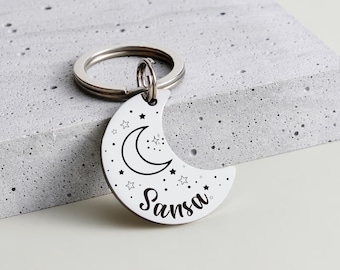 Moon Dog Tag, Custom Engraved Dog Name Tag, Cute Dog Collar Tag, Personalized Dog ID Tag, Pet ID Tag for Cats & Dogs, 3 Sizes + 6 Colors
