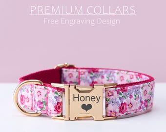 Purple Custom Dog Collar Bow Tie Leash Set, Engraved Name Plate, Personalized Floral Puppy Collar, Cute Birthday or Wedding Gift for Pets