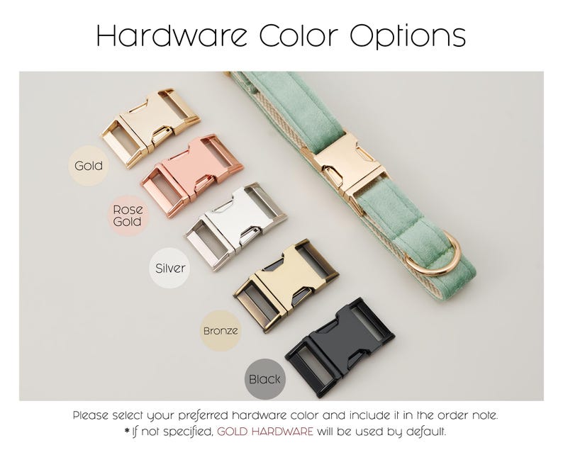 Pode incluir: Uma variedade de op&ccedil;&otilde;es de cores de fivelas para coleiras de c&atilde;es: ouro, ouro rosa, prata, bronze e preto. Uma coleira verde claro com fivela dourada tamb&eacute;m &eacute; mostrada. O texto diz "Hardware Color Options".