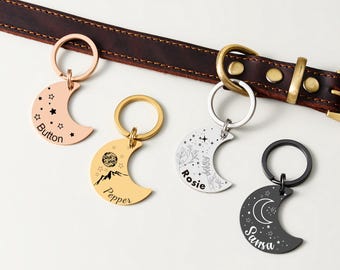 Personalized Pet Tag, Moon and Stars Dog Tag, Custom Engraved Dog Name Tag, Cute Dog Collar Tag, Pet ID Tag for Cats/Dogs, 3 Sizes, 6 Colors