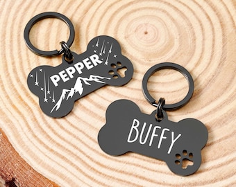 Black Dog Collar Tag - Personalized Dog Tag with Double-sided Engraving, Custom Bone Pet Name Tag with Pew Paw, Stainless Steel Pet ID Tag