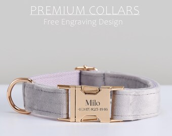May include: A grey velvet pet collar with a rose gold metal buckle and D-ring. The buckle is engraved with the name Milo and the phone number +1 (347) 825-1946. The text PREMIUM COLLARS and Free Engraving Design appear above the collar.