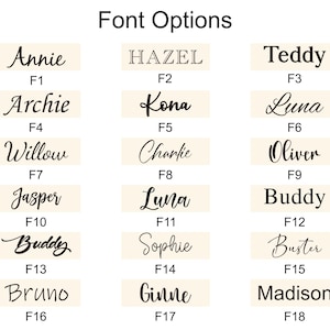 May include: A graphic displaying various font options for personalized text. The image shows 18 different font styles, each with a sample name and a corresponding code (F1-F18). The fonts vary in style, from elegant scripts to bold, block letters.