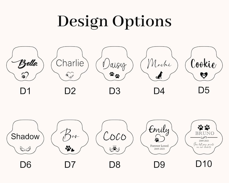 May include: A selection of ten paw-shaped pet tags, each with a unique design. The tags feature names like Bella, Charlie, and Daisy, along with symbols such as hearts, paw prints, and angel wings. The text "Design Options" is at the top.
