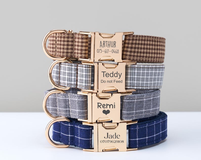 Pode incluir: Uma pilha de quatro coleiras personalizadas para c&atilde;es com fivelas douradas. As coleiras s&atilde;o estampadas em xadrez marrom, branco, cinza e azul. Cada fivela &eacute; gravada com o nome do animal de estima&ccedil;&atilde;o e informa&ccedil;&otilde;es de contato.