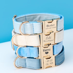 Personalized Velvet Adjustable Blue Dog Collar and Leash Set, Custom Puppy Collar, Engraved Metal Buckle, Pet Name Metal Buckle, Pet Gift