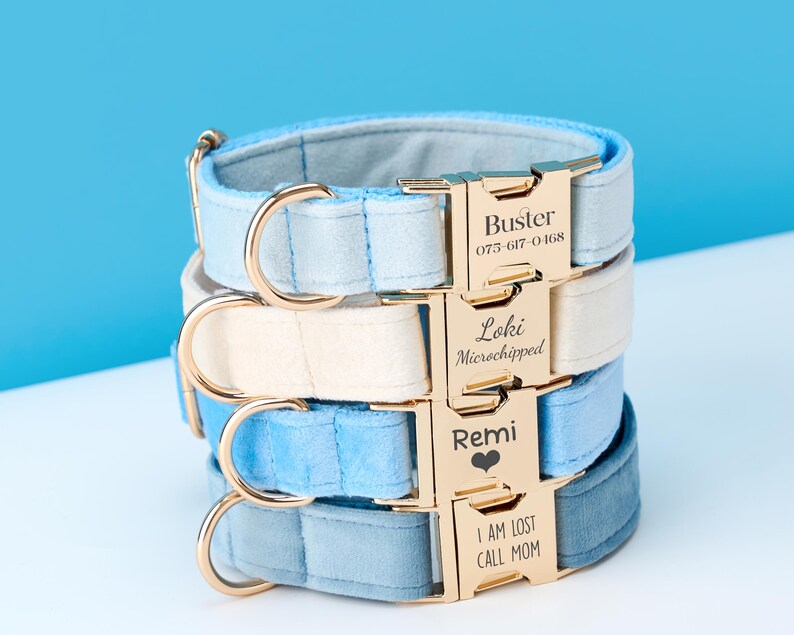 Personalized Velvet Adjustable Blue Dog Collar and Leash Set, Custom Puppy Collar, Engraved Metal Buckle, Pet Name Metal Buckle, Pet Gift