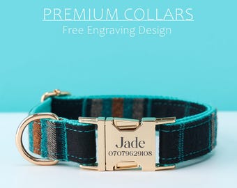Plaid Dog Collar and Leash Gift Set, Custom Pet Collar with Engraved Name Tag, Stylish Puppy Accessories for Dog Lovers