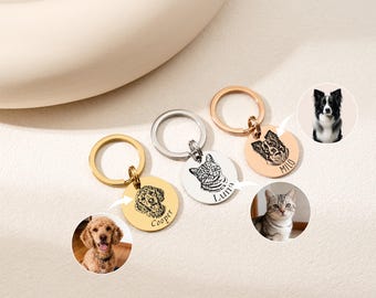 Personalized Pet Photo Keychain, Custom Dog & Cat Portrait Keyring, Stainless Steel Memorial Pet Gift