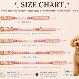 May include: A size chart for pet collars featuring five sizes from XS to XL. Each collar has pink and yellow beads with the name BELLA in white letter cubes, a gold buckle, and a pink strap. Sizes range from 8-11 inches to 20-24 inches in length.