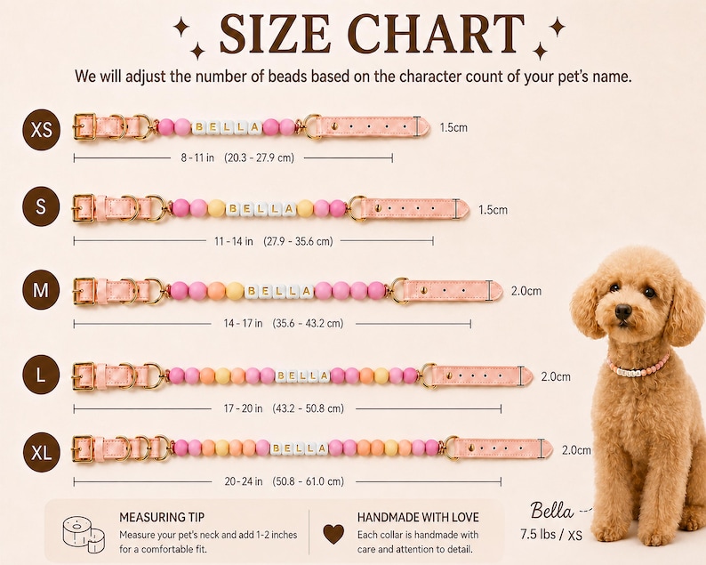May include: A size chart for pet collars featuring five sizes from XS to XL. Each collar has pink and yellow beads with the name BELLA in white letter cubes, a gold buckle, and a pink strap. Sizes range from 8-11 inches to 20-24 inches in length.