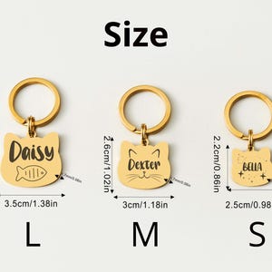 May include: Gold-colored cat-shaped pet ID tags in three sizes: L (3.5cm/1.38in wide), M (3cm/1.18in wide), and S (2.5cm/0.98in wide). Each tag has a ring for attachment and features a pet's name: Daisy, Dexter, or Bella. The tags also include a fish or star design.