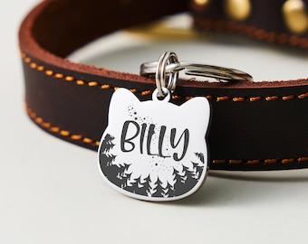 Gepersonaliseerde kattenpenning met naam - aangepaste identiteitskaart gezichtsvorm kat, dubbelzijdig gegraveerd kattenpenning, compatibele halsbandbedel kleine hond, 6 kleuren