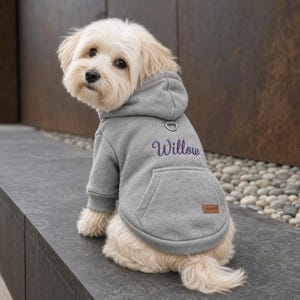 Peut inclure: Un petit chien au pelage clair portant un sweat à capuche gris chiné. Le vêtement comporte une poche kangourou, un anneau en D métallique près de l'encolure et le prénom Willow brodé en violet sur le dos, avec une petite étiquette marron.