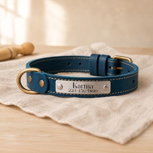 Può includere: Un collare per animali in pelle blu scuro con una targhetta identificativa rettangolare in metallo argentato incisa con il nome Karma e il numero di telefono 223-456-7890. Il collare include un anello a D, una fibbia e cuciture color ottone.