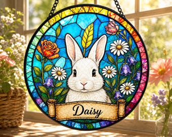 Rabbit Stained Glass Suncatcher, Personalized Pet Portrait from Photo, Custom Bunny Cat Dog Art, Pet Memorial Gift, Pet Loss Keepsake