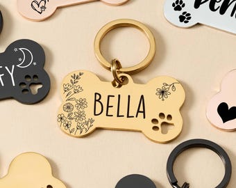 Personalized Gold Dog Tag, Custom Bone Tag with Flower Design,Stainless Steel Pet ID Tag for Puppy or Dog,Cute and Durable,Stylish Gift Idea